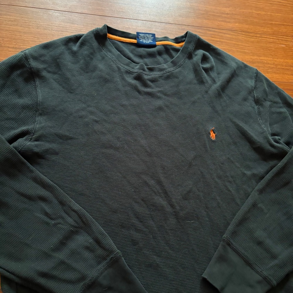 Y2K Polo Ralph Lauren Waffle Knit Thermal Long Sleeve Shirt Black Orange Pony M
